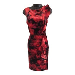 Red purple front ruffle floral print sleeveless dark velvet sheath dress size 14